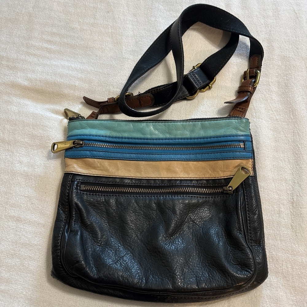 Vtg Fossil Explorer Pebbled Cowhide Leather Crossbody Purse Black Colorblock
